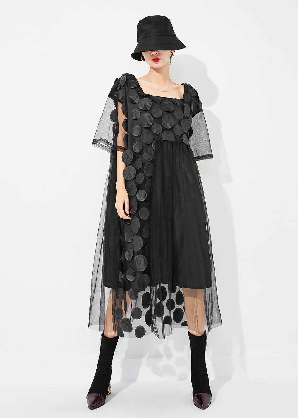 Boutique Black Square Collar Patchwork Hollow Out Tulle Long Dress Summer
