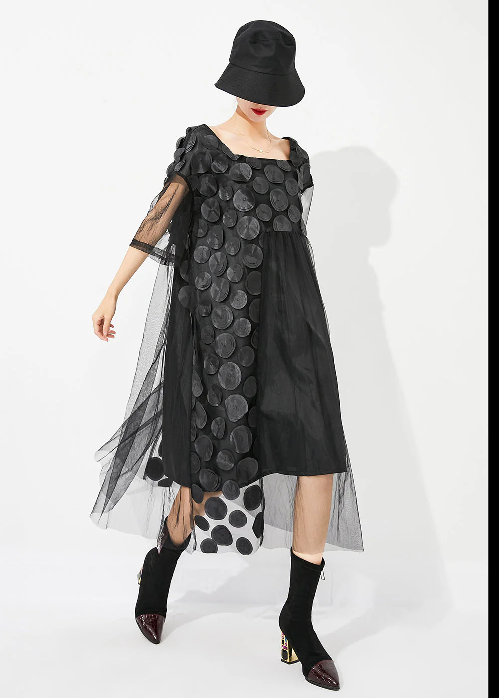 Boutique Black Square Collar Patchwork Hollow Out Tulle Long Dress Summer - Image 2