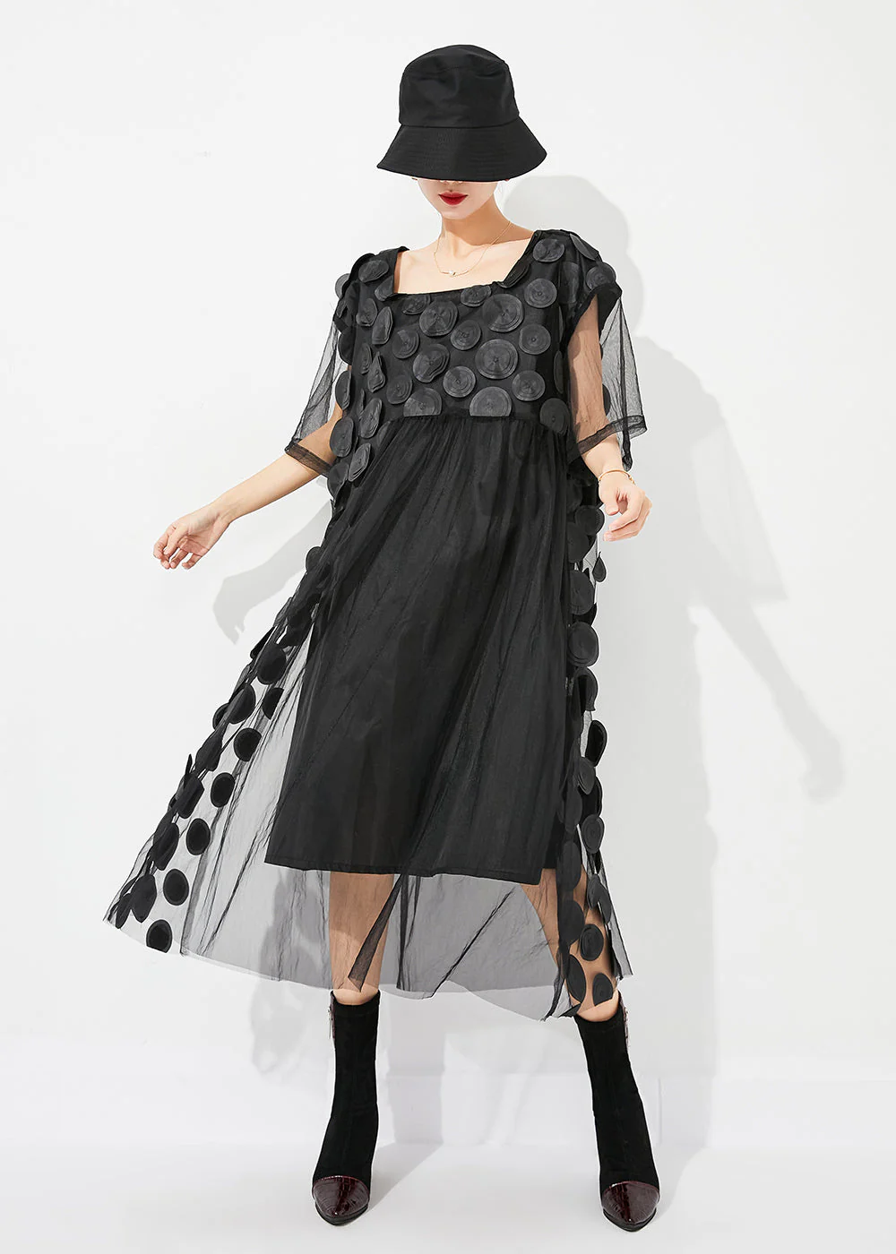 Boutique Black Square Collar Patchwork Hollow Out Tulle Long Dress Summer - Image 3