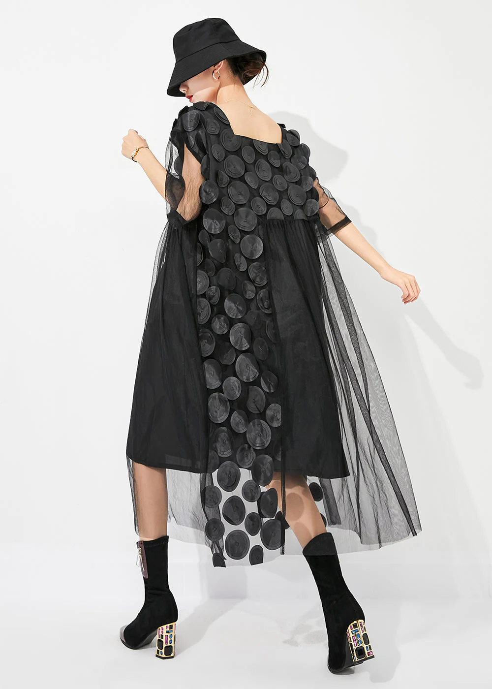 Boutique Black Square Collar Patchwork Hollow Out Tulle Long Dress Summer - Image 4