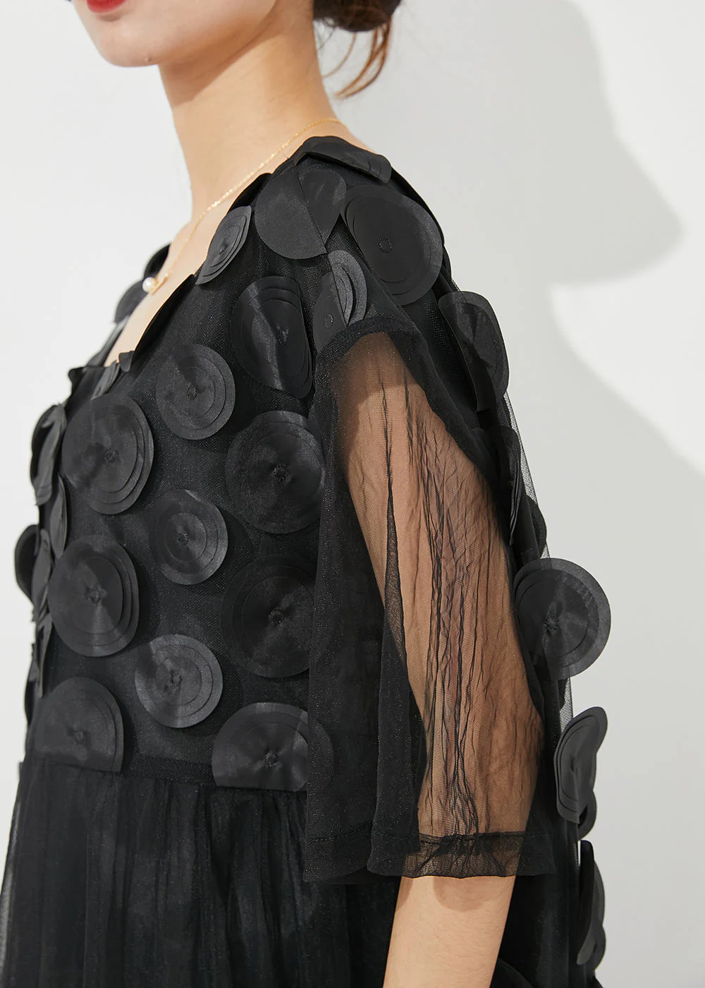 Boutique Black Square Collar Patchwork Hollow Out Tulle Long Dress Summer - Image 5