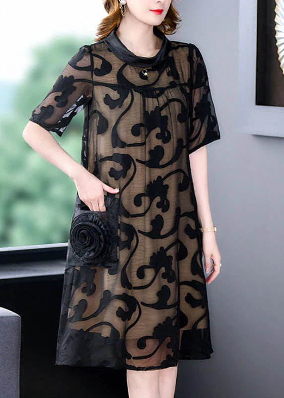 Boutique Black Stand Collar Pockets Floral Patchwork Silk Mid Dresses Summer - Image 2