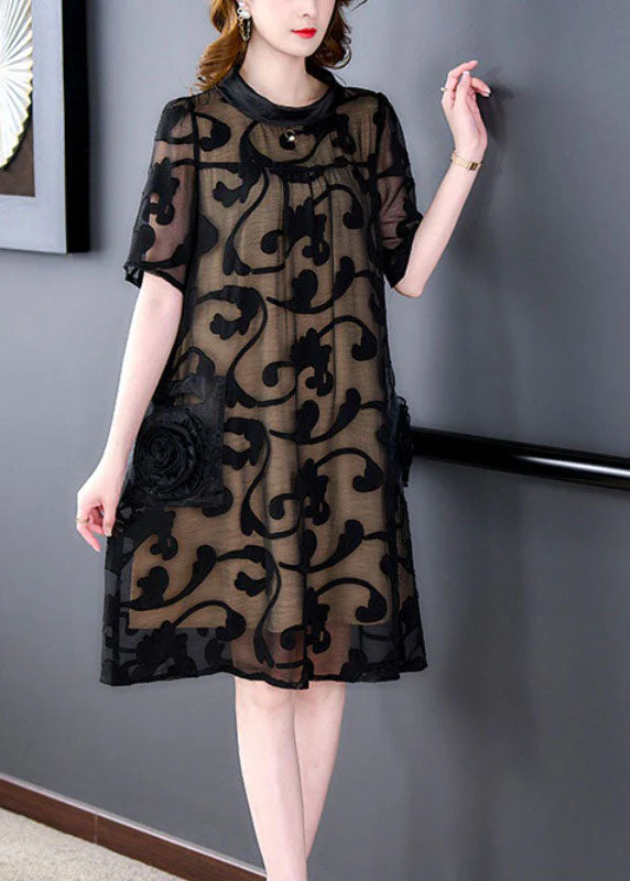 Boutique Black Stand Collar Pockets Floral Patchwork Silk Mid Dresses Summer - Image 4