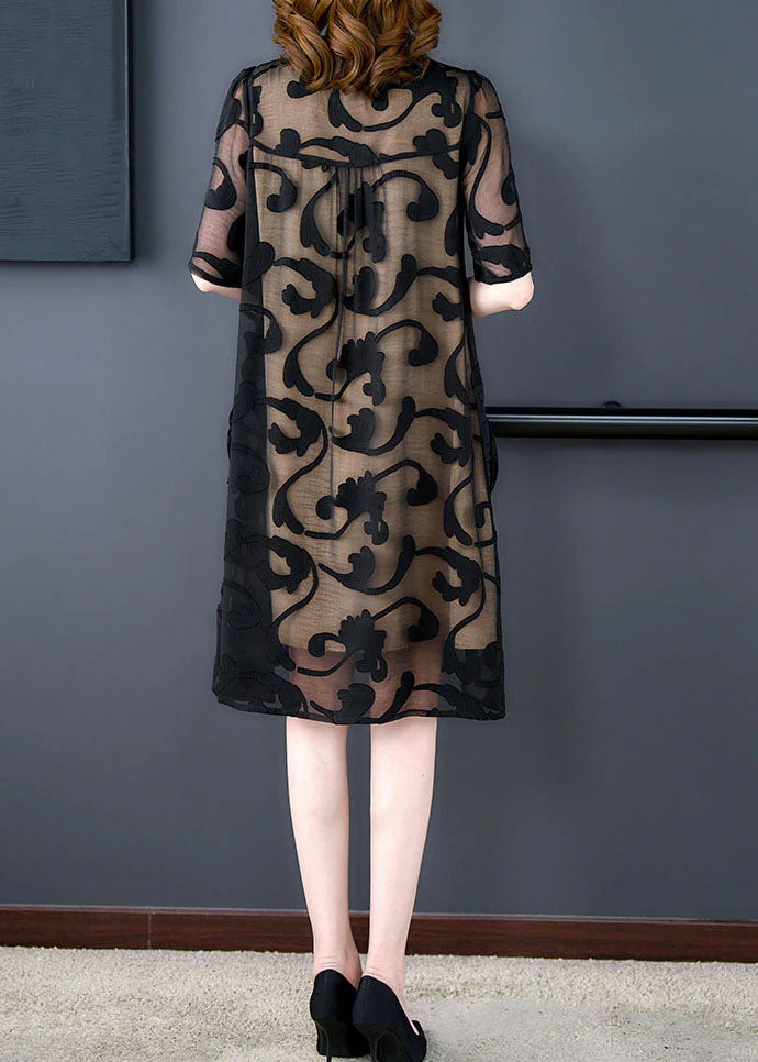 Boutique Black Stand Collar Pockets Floral Patchwork Silk Mid Dresses Summer - Image 5