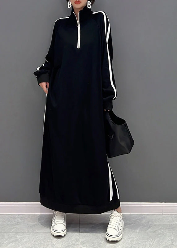 Boutique Black Stand Collar Zip Up Cotton Sweatshirt Dress Spring