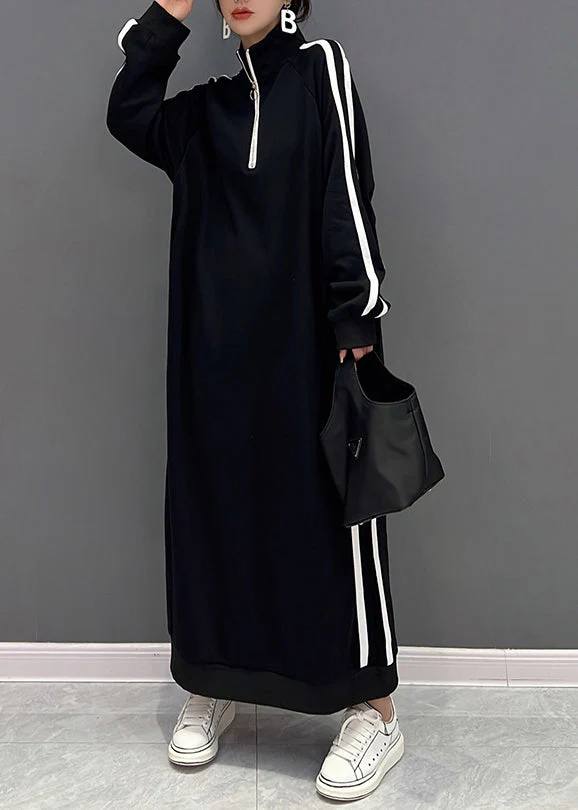 Boutique Black Stand Collar Zip Up Cotton Sweatshirt Dress Spring - Image 2