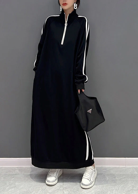 Boutique Black Stand Collar Zip Up Cotton Sweatshirt Dress Spring - Image 3
