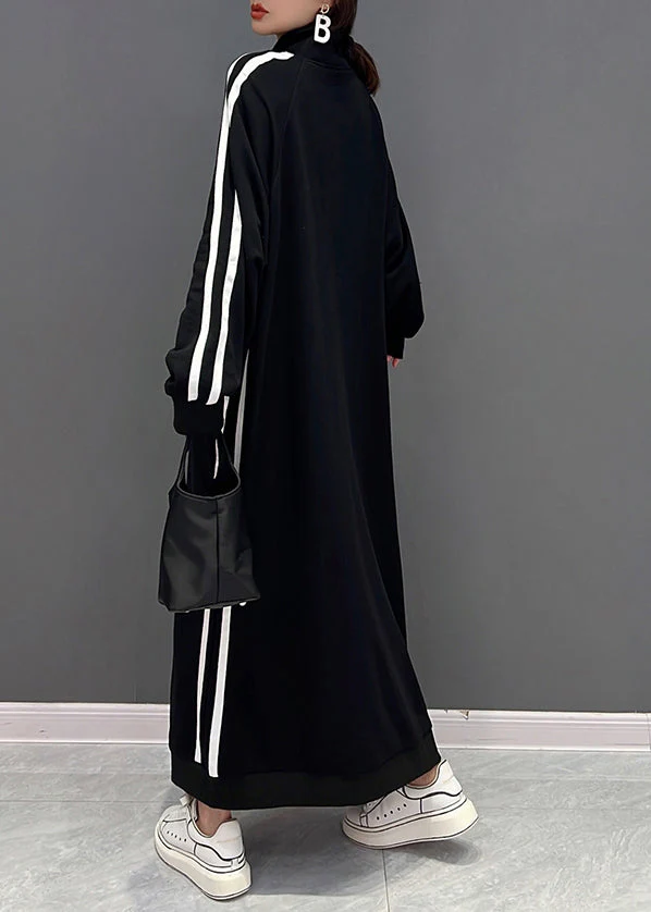 Boutique Black Stand Collar Zip Up Cotton Sweatshirt Dress Spring - Image 4