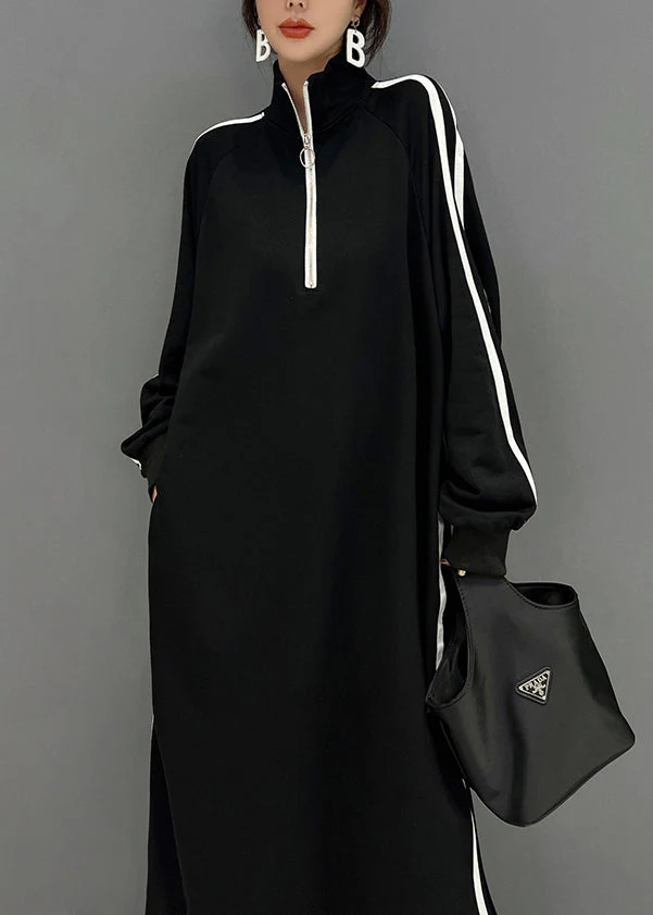 Boutique Black Stand Collar Zip Up Cotton Sweatshirt Dress Spring - Image 5