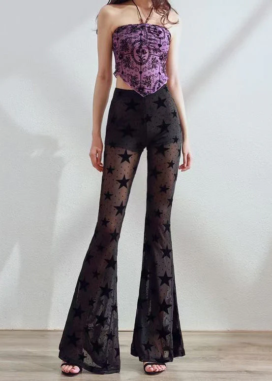 Boutique Black Star Print Hollow Out Tulle Flare Bottoms Pants Fall