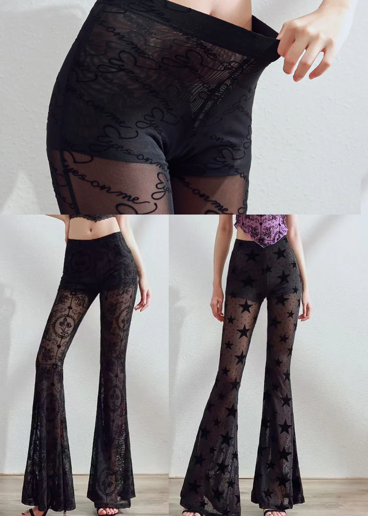 Boutique Black Star Print Hollow Out Tulle Flare Bottoms Pants Fall - Image 5