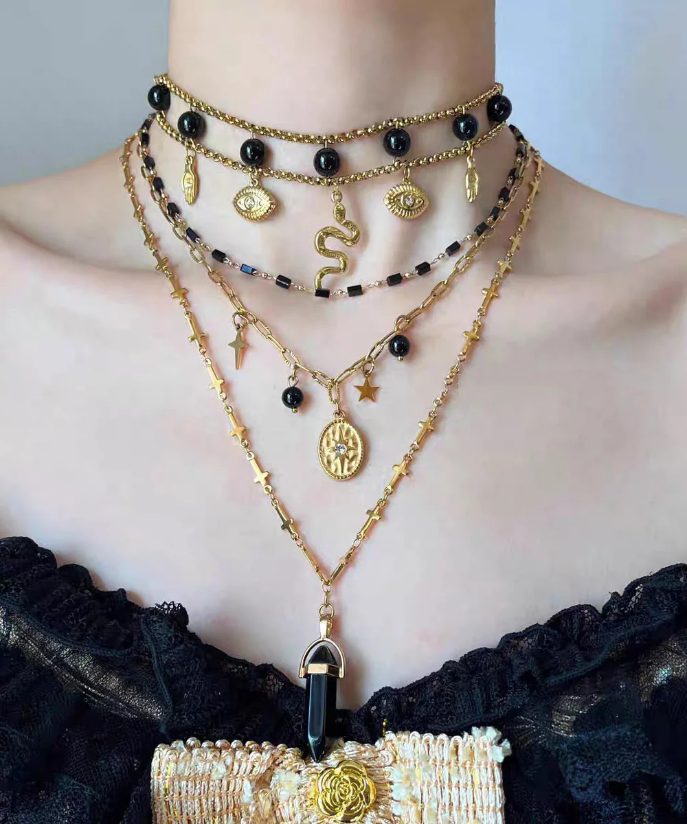 Boutique Black Sterling Silver Overgild Agate Pendant Necklace Three-Piece Set - Image 3