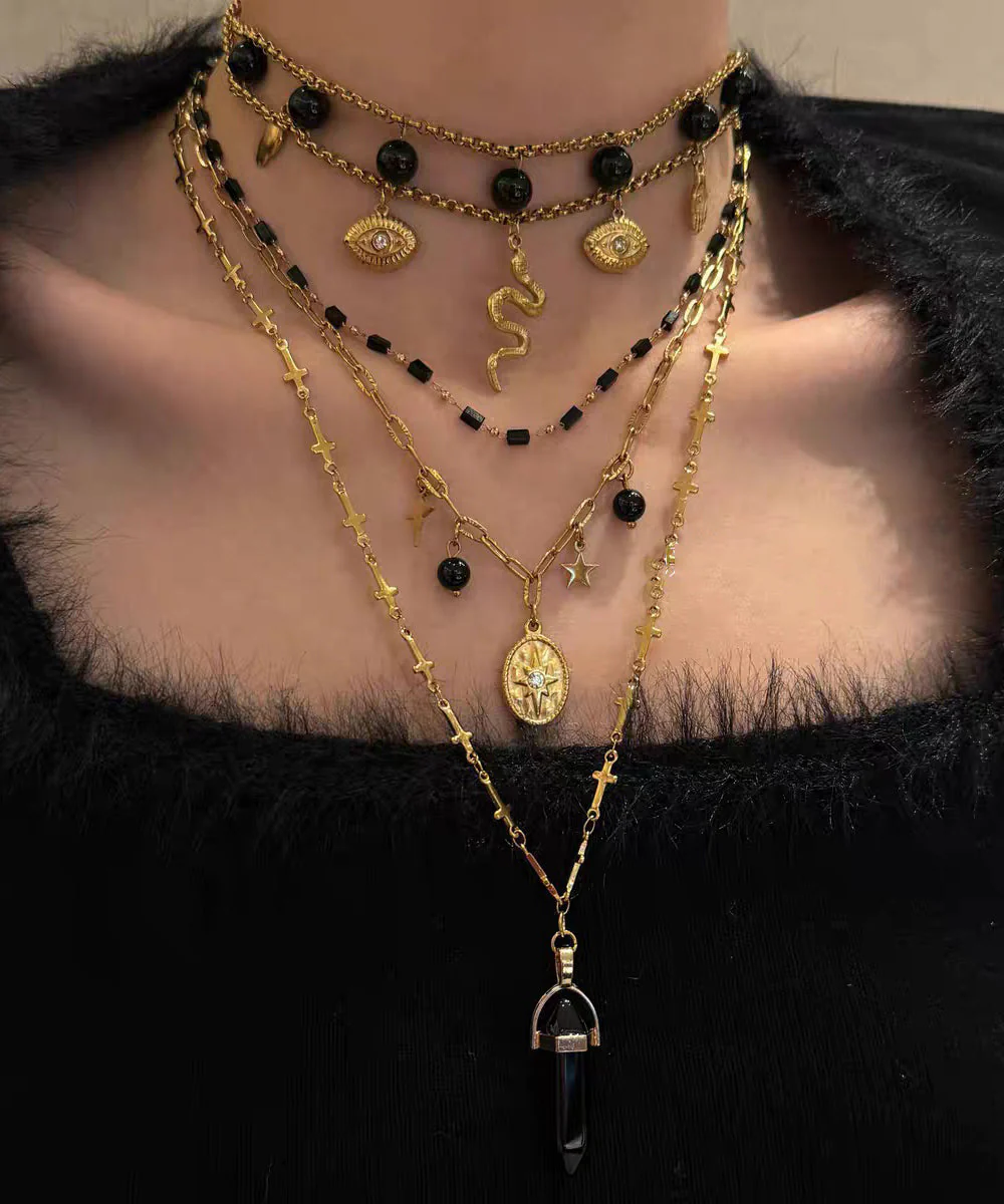Boutique Black Sterling Silver Overgild Agate Pendant Necklace Three-Piece Set - Image 5