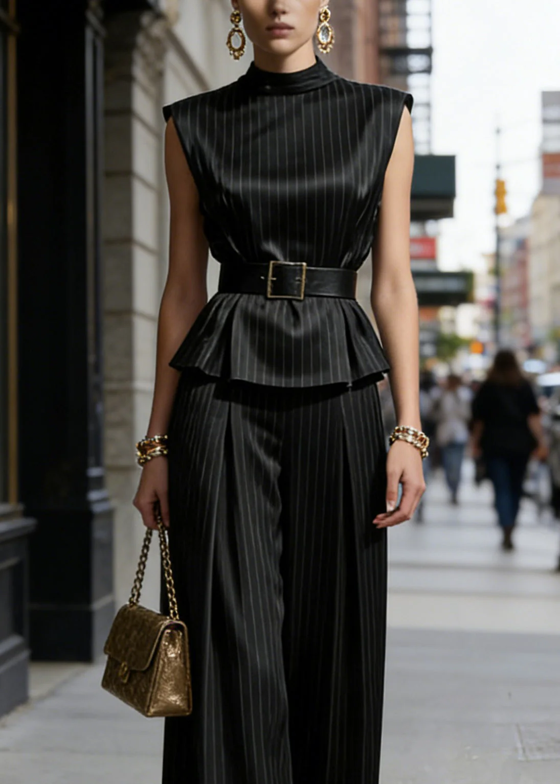 Boutique Black Striped Silk Two Pieces Set Sleeveless - Image 2