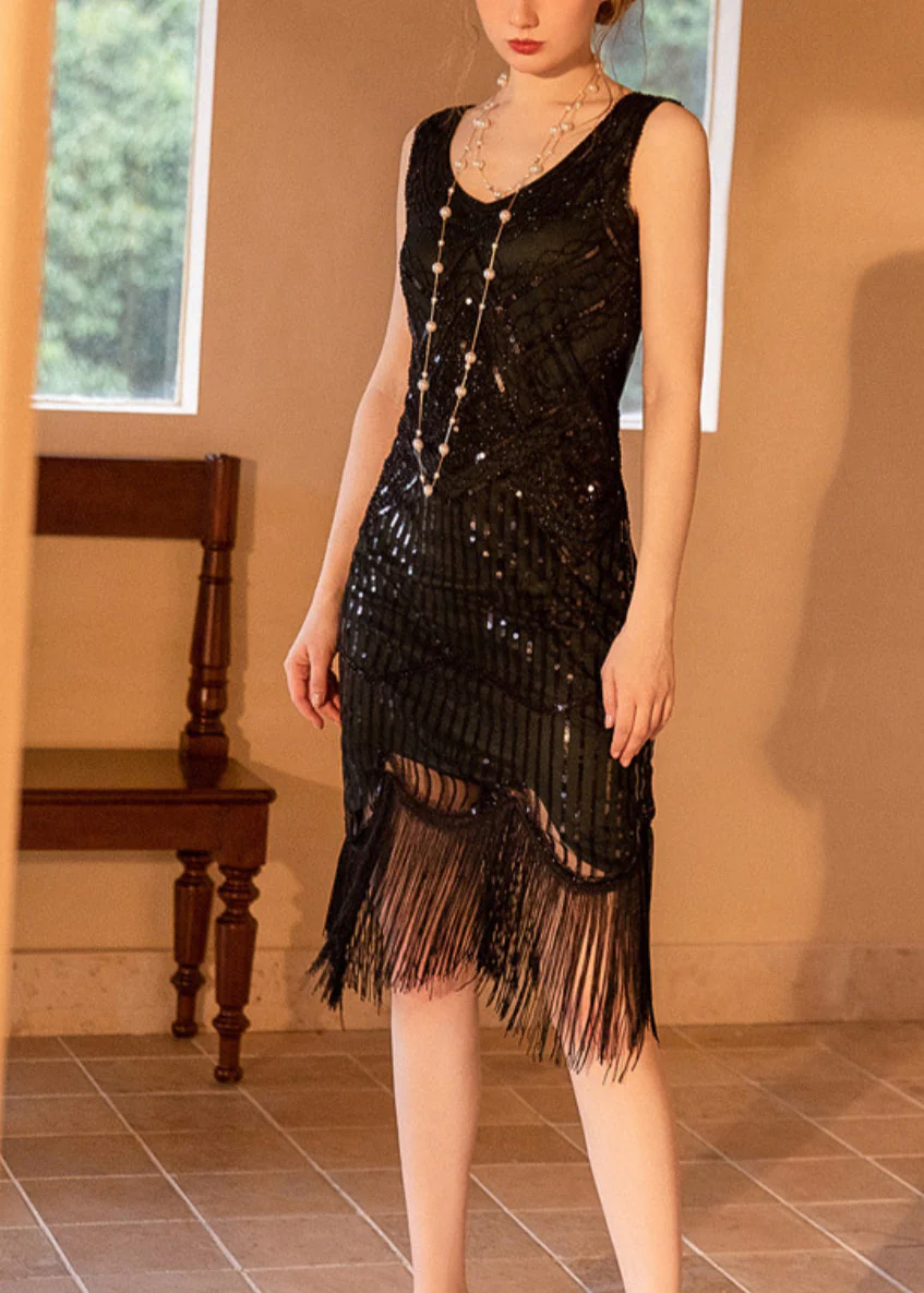 Boutique Black Tasseled Sequins Mini Dress Sleeveless - Image 3