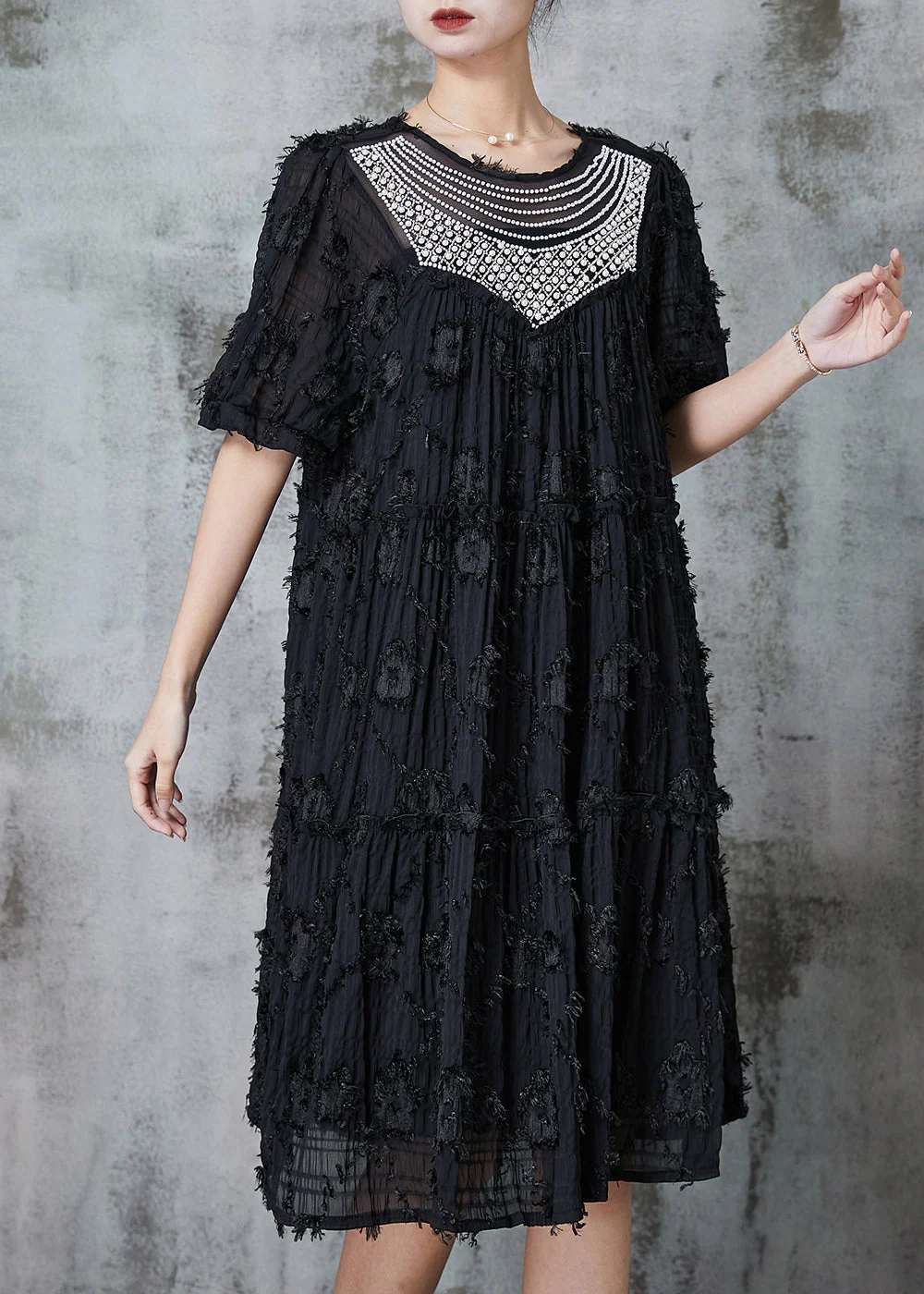 Boutique Black Tasseled Zircon Cotton Dresses Summer - Image 3