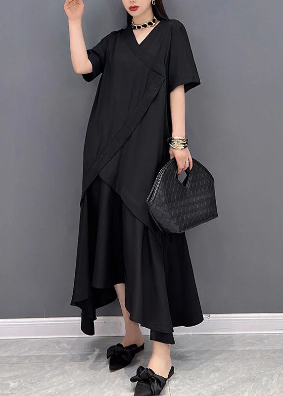Boutique Black V Neck Asymmetrical Patchwork Long Dress Short Sleeve - Image 2