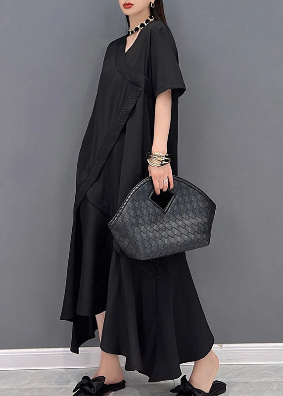 Boutique Black V Neck Asymmetrical Patchwork Long Dress Short Sleeve - Image 4