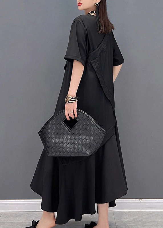 Boutique Black V Neck Asymmetrical Patchwork Long Dress Short Sleeve - Image 5