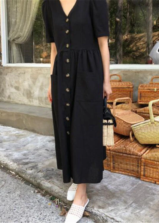 Boutique Black V Neck Button Party Dress Short Sleeve - Image 2