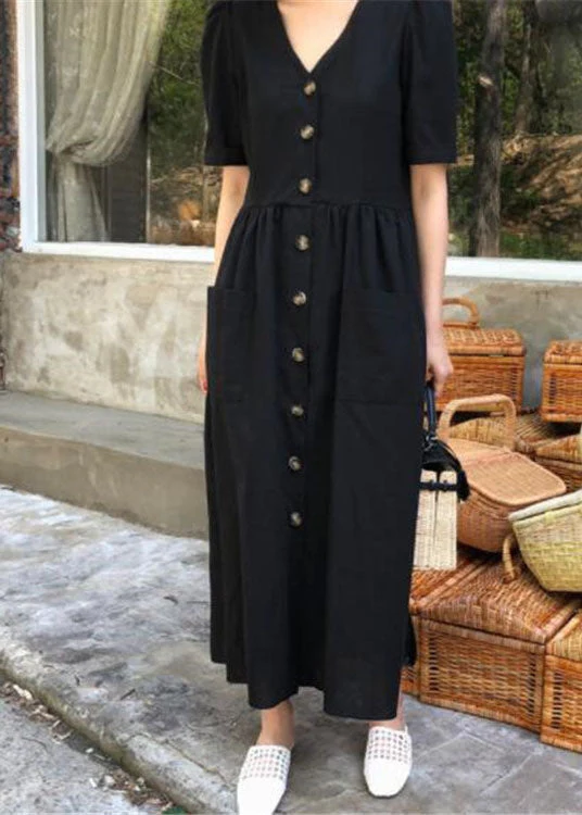 Boutique Black V Neck Button Party Dress Short Sleeve - Image 3