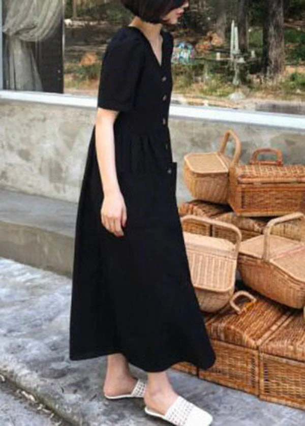 Boutique Black V Neck Button Party Dress Short Sleeve - Image 4
