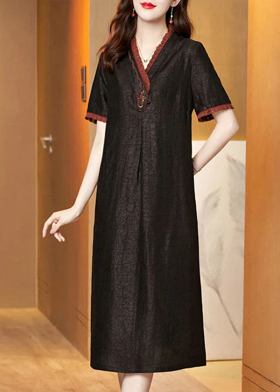 Boutique Black V Neck Embroideried Patchwork Silk Dresses Summer - Image 2