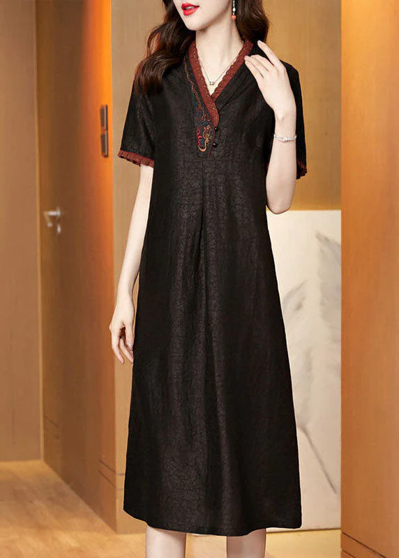 Boutique Black V Neck Embroideried Patchwork Silk Dresses Summer - Image 3