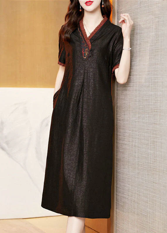 Boutique Black V Neck Embroideried Patchwork Silk Dresses Summer - Image 4