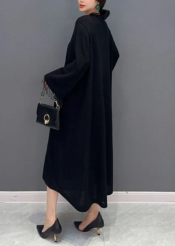 Boutique Black V Neck Patchwork Knit Maxi Dresses Spring - Image 3