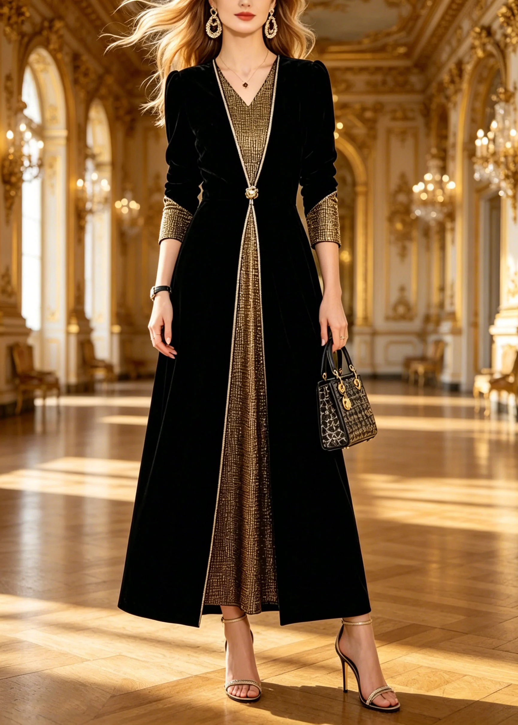 Boutique Black V Neck Patchwork Silk Velvet Long Dresses Spring - Image 3