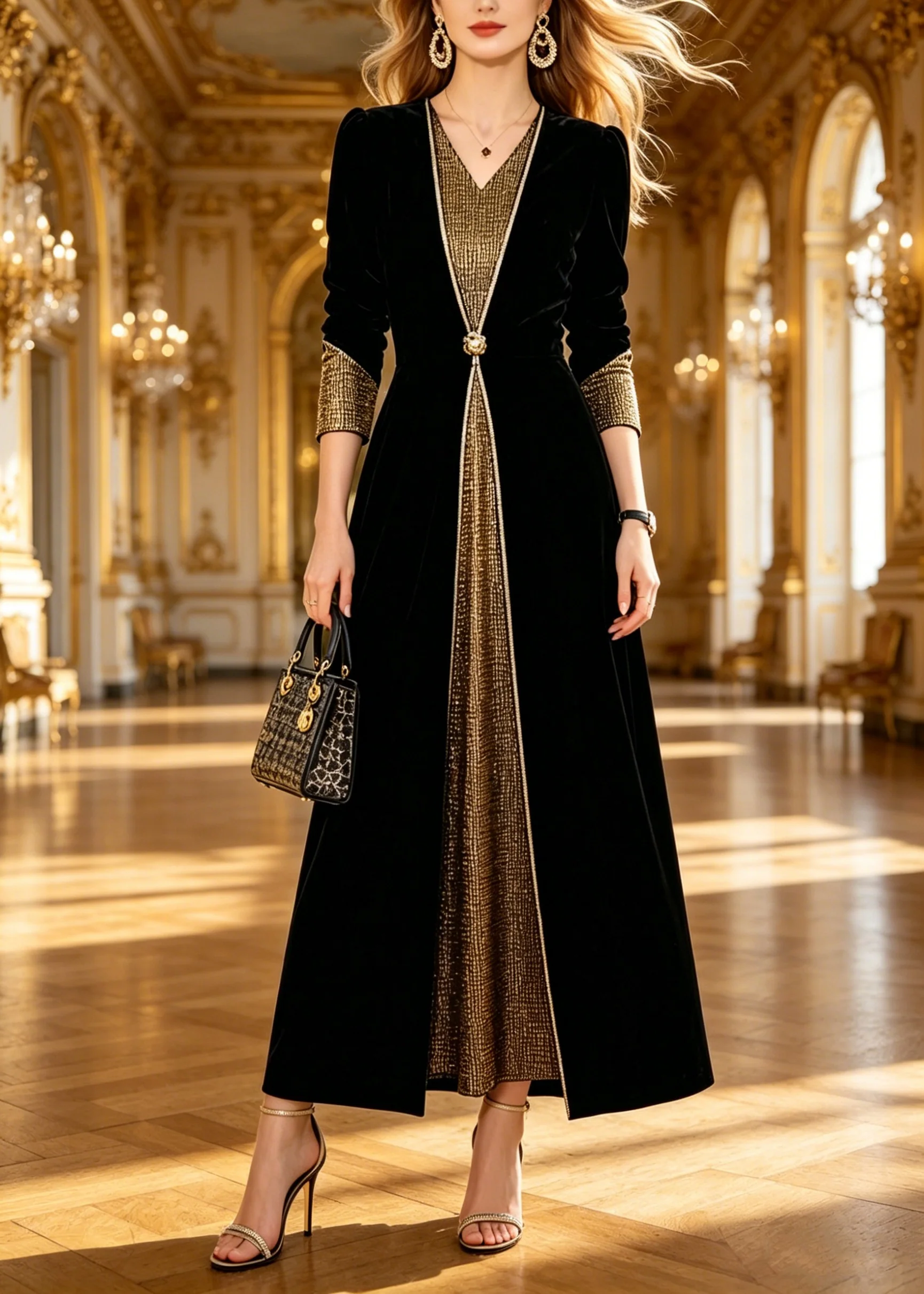 Boutique Black V Neck Patchwork Silk Velvet Long Dresses Spring - Image 5