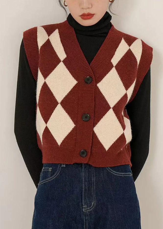 Boutique Black V Neck Plaid Knit Vest Cardigans Sleeveless - Image 2
