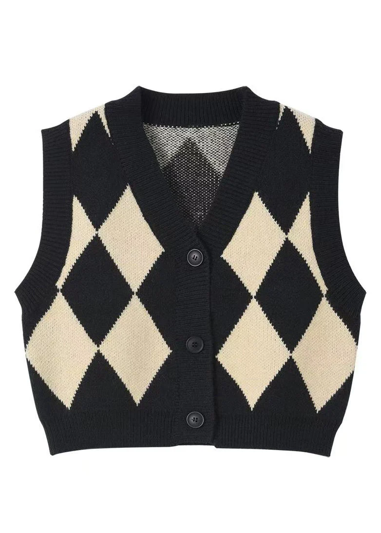 Boutique Black V Neck Plaid Knit Vest Cardigans Sleeveless - Image 5
