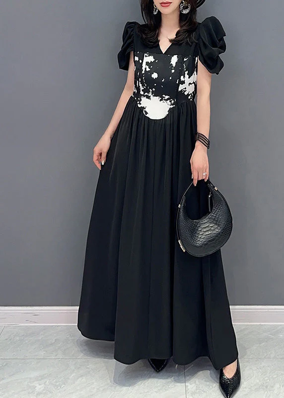 Boutique Black V Neck Print Elastic Waist Maxi Dress Short Sleeve - Image 2