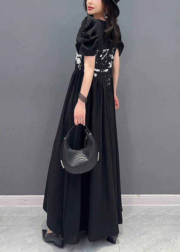 Boutique Black V Neck Print Elastic Waist Maxi Dress Short Sleeve - Image 5