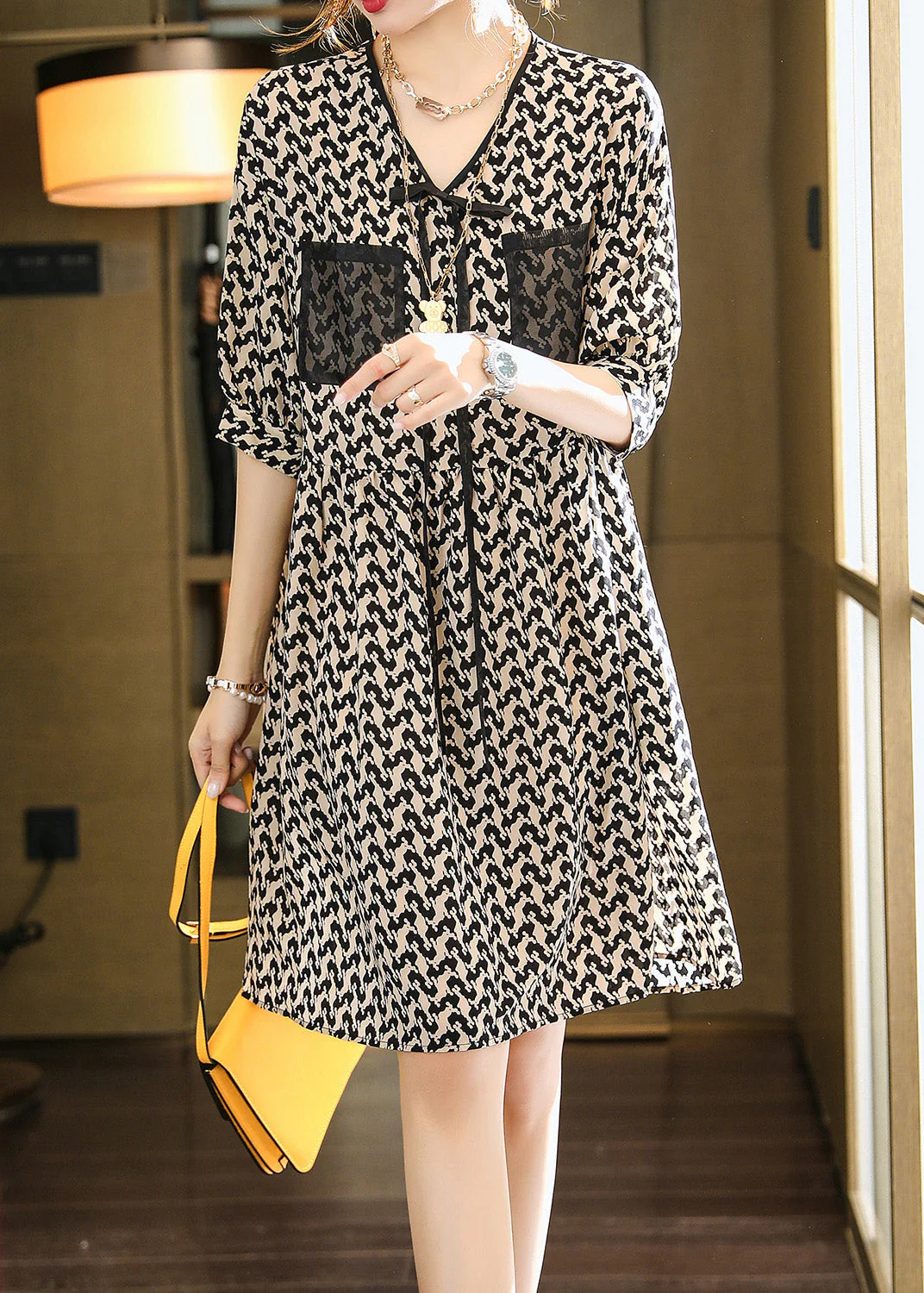 Boutique Black V Neck Print Patchwork Chiffon Mid Dress Summer - Image 2