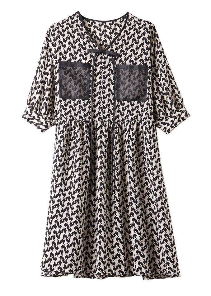 Boutique Black V Neck Print Patchwork Chiffon Mid Dress Summer - Image 5