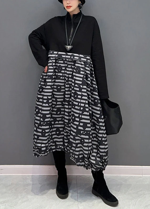 Boutique Black Zip Up Patchwork Print Long Dress Spring - Image 3
