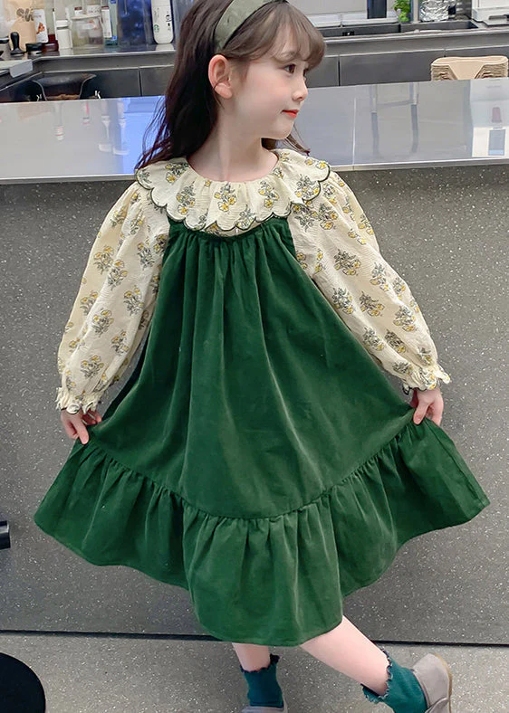 Boutique Blackish Green Print Wrinkled Cotton Baby Girls Dress Two Pieces Set Fall - Image 2