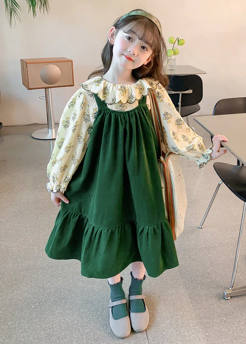 Boutique Blackish Green Print Wrinkled Cotton Baby Girls Dress Two Pieces Set Fall - Image 3