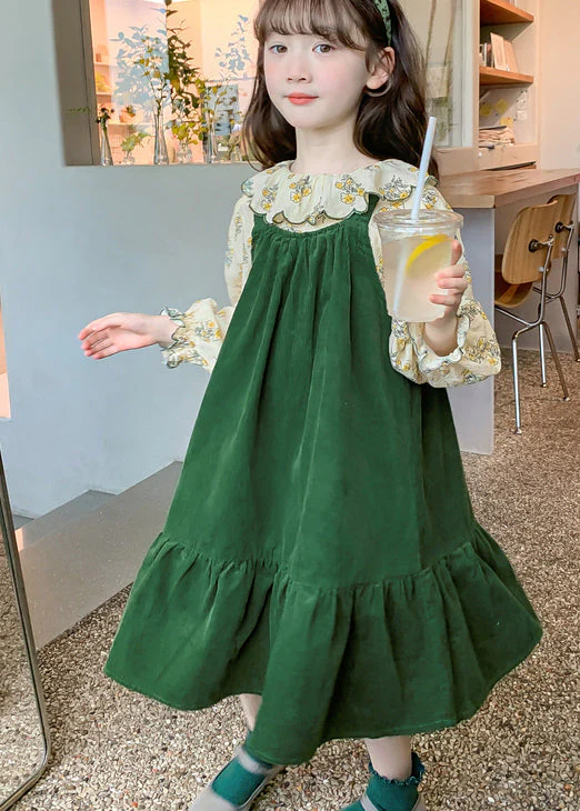 Boutique Blackish Green Print Wrinkled Cotton Baby Girls Dress Two Pieces Set Fall - Image 4