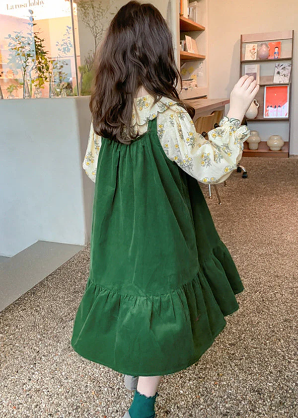 Boutique Blackish Green Print Wrinkled Cotton Baby Girls Dress Two Pieces Set Fall - Image 5