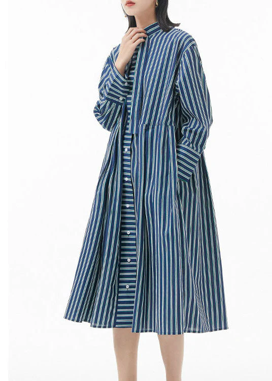 Boutique blackish Green Stand Collar wrinkled Striped shirt Dress Spring - Image 2