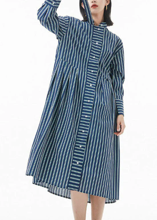 Boutique blackish Green Stand Collar wrinkled Striped shirt Dress Spring - Image 3