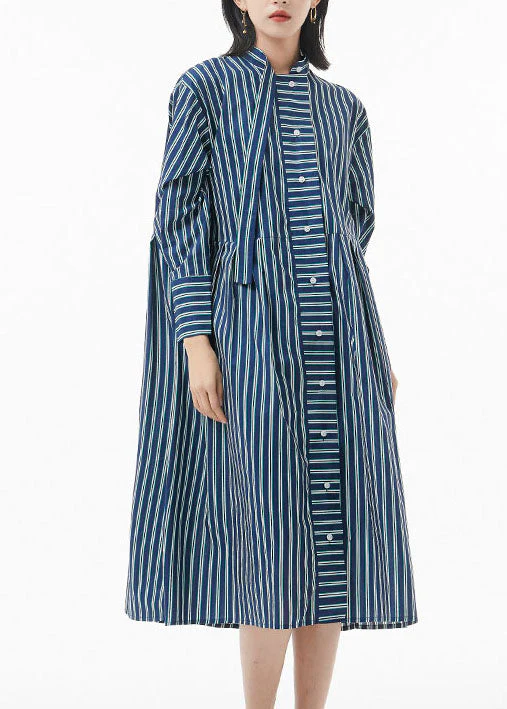 Boutique blackish Green Stand Collar wrinkled Striped shirt Dress Spring - Image 4