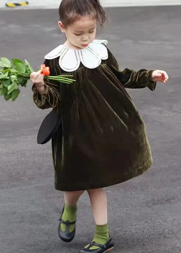 Boutique Blackish Green Wrinkled Patchwork Velour Baby Girls Dress Fall - Image 2