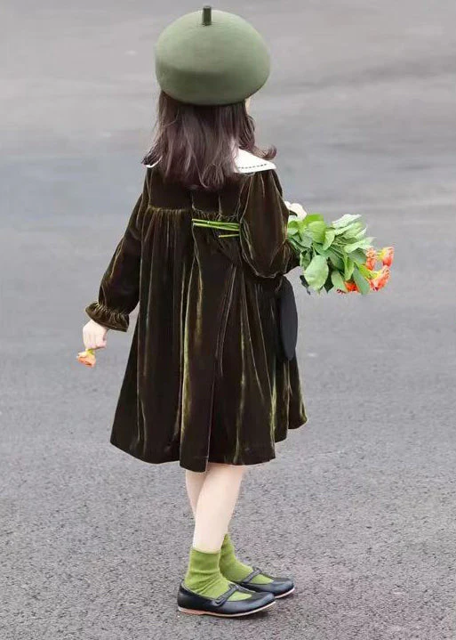Boutique Blackish Green Wrinkled Patchwork Velour Baby Girls Dress Fall - Image 3