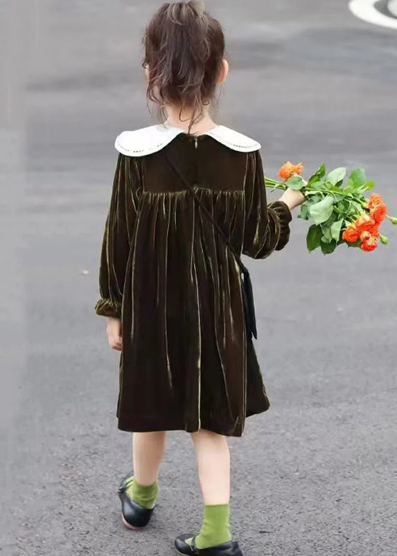 Boutique Blackish Green Wrinkled Patchwork Velour Baby Girls Dress Fall - Image 4