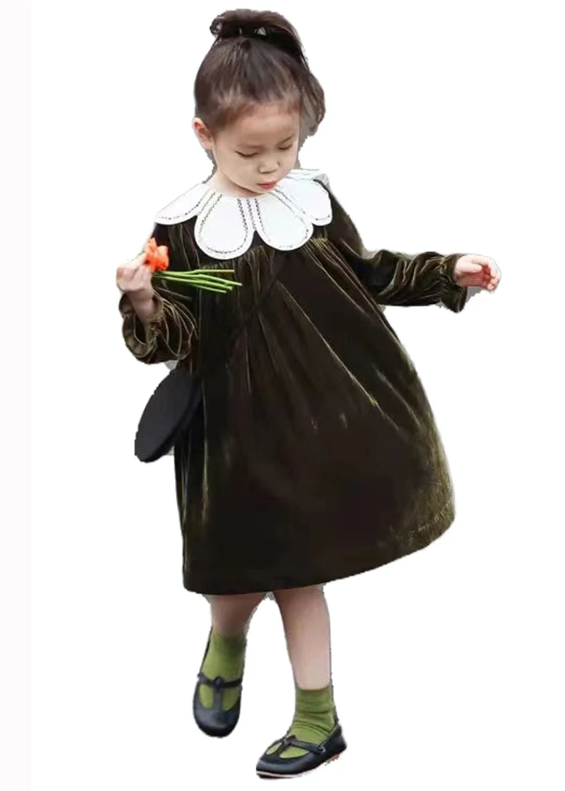 Boutique Blackish Green Wrinkled Patchwork Velour Baby Girls Dress Fall - Image 5